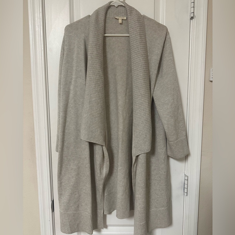 Eileen Fisher 100% Organic Cotton Light Gray Open-Front Draped Cardigan